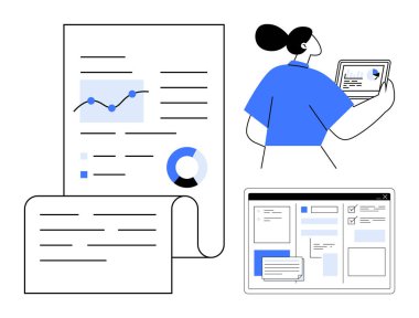 Tablette analitik okuyan kişi, grafik ve pasta grafiği olan belgeler, projeler için tarayıcı sekmesi. Veri analizi, iş büyümesi, araştırma, üretkenlik, organizasyon, takım çalışması için ideal basit