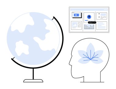 Dünya küresi, eğitim içeriğiyle dijital arayüz ve farkındalığı sembolize eden çiçekli insan profili. Eğitim, küresel öğrenim, teknoloji, zihinsel sağlık ve yenilik için ideal