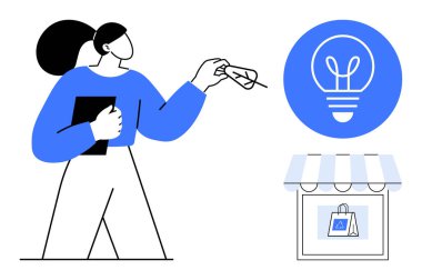 Elinde dosya olan kadın, çevre dostu ampul ikonunun yanında yaprak tutuyor. Aşağıda, alışveriş torbası olan bir dükkan çevreye duyarlı alışverişi destekliyor. Çevre, yenilik ve yeşil yaşam için ideal