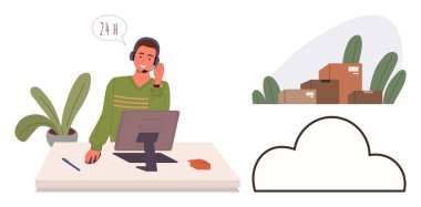 Bilgisayarda kulaklığı, ambalaj kutuları ve bulut grafikleri olan biri. E-ticaret, lojistik, müşteri hizmetleri, bulut hesaplama, dağıtım teknolojisi uzaktan kumandası için ideal. Basit düz metafor