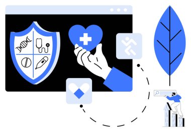 Sağlık sembolleri, sağlık sembolleri, yaprak ve büyüteçle şekillendirilmiş kalbi temsil eden koruyucu bir kalkan. Çevrimiçi sağlık, teknoloji, koruma için ideal