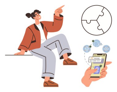 Rahatlamış kadınlar yukarı doğru hareketler yapar, sosyal mesajlaşma ikonları telefonun etrafını sarar, bulmaca sembolü problem çözme ve etkileşimi temsil eder. Takım çalışması, iletişim, bağlantı, yenilik için ideal