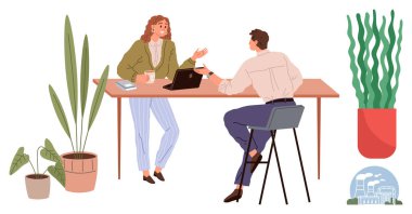 İki meslektaş bir masada dizüstü bilgisayar, kahve ve defterlerle sohbet ediyor, etrafı saksı bitkileriyle çevrili. Takım çalışması, işbirliği, işyeri, iletişim, verimlilik çevre dostu ofisler için ideal