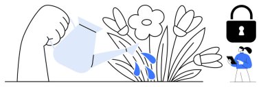 El suları çiçek açar, büyümeyi temsil eder. Yakınlarda, tabletle kilitlenip şekil vermek siber güvenliği, veri gizliliğini ve teknolojik yeniliği sembolize eder. Büyüme, gizlilik, teknolojik gelişim temaları için ideal