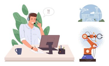 Kulaklıklı bir adam bilgisayardaki müşterilere yardım ediyor, robot kolu parçaları birleştiriyor, arka planda havaalanı var. Teknoloji, imalat, müşteri hizmetleri, lojistik, takım çalışması, yenilik için ideal basit bir daire