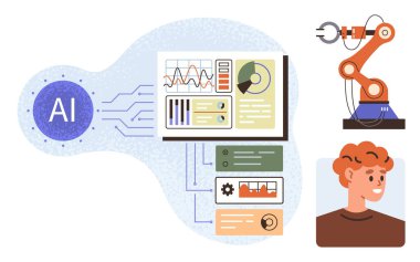 Robot kol görevi, yapay zeka modülü, veri gösterge paneli ve insan figürüne bağlı. Otomasyon, teknoloji, yenilik, mühendislik, insan-makine etkileşimi veri analizi için ideal