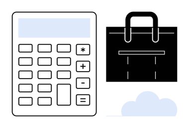 İnce bulutlu bir iş çantasının yanında hesap makinesi. Finans, iş planlaması, muhasebe, veri depolama, dijital araçlar, eğitim ve modern iş kavramları için idealdir. Basit bir düz metafor.