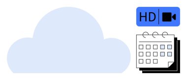 Video kalitesi simgesi ve takvimi olan yumuşak bulut, dijital depolamayı, akışı, program planlamasını, organizasyonu, multimedya erişimini, senkronizasyonu ve verimliliği sembolize ediyor. Basit bir düz metafor.