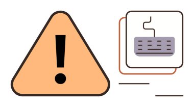 Turuncu üçgen ünlem işareti klavye hatasını vurguluyor, uyarı ve uyarı işareti. IT sorunları, sistem uyarıları, sorun giderme, kullanıcı hataları, ağ sorunları, uyarı uyarıları için ideal