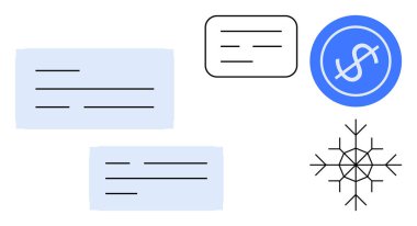 Mavi dolar ikonu, mesaj kutuları ve kar tanesi şekli finans, iletişim ve kış kavramlarını çağrıştırıyor. Finans, yönetim, iletişim, mevsimsel temalar vektör grafikleri modern medya için idealdir