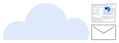 Analitik gösterge paneli olan dijital bulut grafikler, grafikler ve zarf simgesi. Bulut hesaplama, veri paylaşımı, e-posta, analitik, bağlantı, iletişim, basit iniş sayfası için ideal