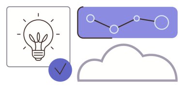 Yeniliği temsil eden ampul, veri analizini sembolize eden grafik, depolama için bulut, başarı için kontrol işareti. Yaratıcılık, teknoloji, analitik, yenilik, bulut hesaplama verimliliği için ideal