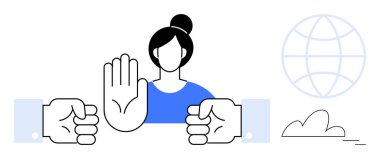 Kadın, iki yumrukla sembolize edilen anlaşmazlığı çözmek için elini kaldırır. Küre ve bulut birlik, barış ve iletişimi öneriyor. Çatışma çözümü, eşitlik, takım çalışması, güçlendirme ve barış için ideal