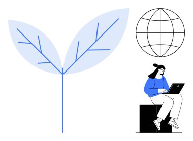 Asgari yaprak tasarımı doğayı temsil eder, bir küre ve dizüstü bilgisayar kullanan bir insanla eşleştirilir. Ekoloji, teknoloji, çevre bilinci, küresel bağlantı, yenilik, eğitim için ideal, basit düz