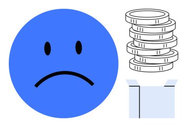 Yığılmış madeni paraların ve açık kutunun yanında mavi üzgün surat ifadesi, mali kaybı, tasarruf kaybını, kötü yatırımları, ekonomik zorlukları, bütçe endişelerini, hayal kırıklıklarını ve karşılanmamış şeyleri temsil ediyor.