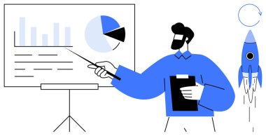 İş adamı sunum sırasında grafiği, çubuk grafiği, panosu ve roketle yeniliği temsil eden grafiği işaret ediyor. İş stratejisi, büyüme, pazarlama, öğretim ve yenilik için ideal