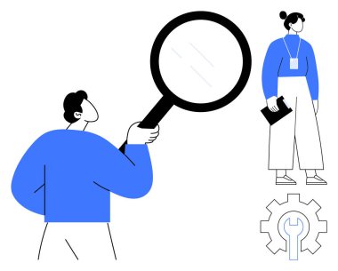 Büyüteç tutan adam, yanında dişli ikonu olan ayakta duran bir kadını izliyor. İşe alım, analiz, değerlendirme, insan kaynakları, takım çalışması, denetim, süreç için ideal