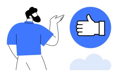 Mavi dairenin içinde baş parmağıyla işaret veren sıradan tişörtlü bir adam, en az grafik tarzı olan. Onaylama, geri bildirim, müdahale, pozitiflik, iletişim, takım çalışması, basit iniş sayfası için ideal