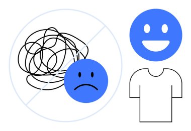 Karmaşık çizgileri olan üzgün mavi bir yüz, vücut hatlarıyla gülümseyen mavi bir yüz. Ruh sağlığı, pozitiflik, duygusal denge, stres yönetimi, kişisel gelişim, terapi, basit iniş sayfası için ideal