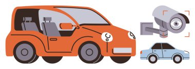 Gözetleme kamerasının yanında kırmızı ve mavi renkli araba izleme, otomasyon ve güvenliğin altını çiziyor. Ulaşım, izleme, teknoloji, yapay zeka, akıllı şehirler, güvenlik fütüristik