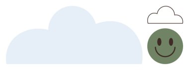 Daha büyük açık mavi bir bulutun yanında çizilmiş küçük bir bulutla kaplı yeşil gülen yüz. İyimserlik, iyimserlik, basitlik, hava, çocukluk, mutluluk, farkındalık için idealdir. Basit düz metafor