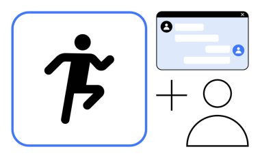 Mavi hatlı çalışan figür, mesajlı sohbet penceresi ve kullanıcı avatar simgesi. İletişim, fitness, ağ, profil kurulumu, takım işbirliği, basit iniş hareketlerini izlemek için ideal