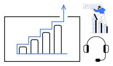 Yukarı doğru ok, kulaklık ve arama çubuğuyla grafiği inceleyen bir adam. İş büyümesi, analitik, teknoloji, sanal destek, müşteri hizmetleri, başarı ve çevrimiçi arama için ideal