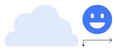 Arasında ok olan mutlu bir yüzün yanındaki mavi bulut bulut hizmetleri ve kullanıcı memnuniyetini temsil ediyor. Teknoloji, yenilik, bağlantı, dönüşüm, müşteri deneyimi için ideal