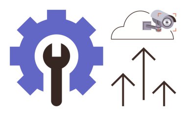 Bakım için ingiliz anahtarı, dijital güvenlik için güvenlik kamerası olan bulut ve büyüme için yukarı çıkan oklar. Teknoloji, bulut hesaplama, siber güvenlik, sistem optimizasyonu için ideal