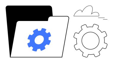 Mavi dişli simgesi ve bulutun yanında geniş dişli ana hatlı klasörü aç. Veri organizasyonu, sistem ayarları, otomasyon, bulut hesaplama, dosya yönetimi, bilişim süreçleri, basit düz metafor