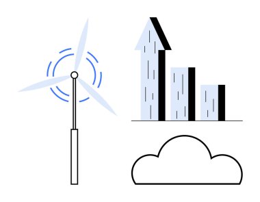 Rüzgar türbini dönüyor, bar grafiği yukarı doğru yükseliyor ve bulut çizgisi eko-arkadaşlığı gösteriyor. Sürdürülebilirlik, yenilenebilir enerji, yenilik, temiz teknoloji, ilerleme, ekolojik çözümler için ideal