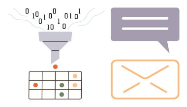 İkili veri bacadan Matrix 'e doğru akar, noktalarla, konuşma balonu ve zarfla eşleşir. Otomasyon, veri sıralama, iletişim, makine öğrenme, analitik, mesajlaşma için ideal