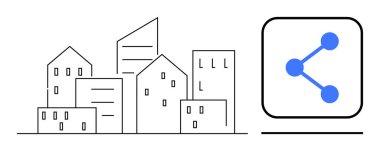 Bağlı bir paylaşım ağı ikonunun yanında kentsel çevreyi temsil eden çizgi sanat binaları. Kentsel kalkınma, ağ oluşturma, sosyal medya, bağlantı, veri paylaşımı, teknoloji ve basit