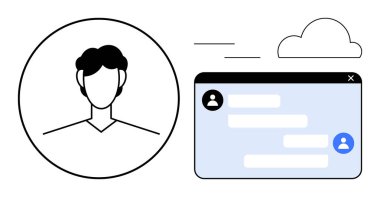 Çemberin içindeki kullanıcı avatarı, mesaj baloncuklarıyla sohbet arayüzü ve en küçük bulut simgesi. İletişim, ağ kurma, mesajlaşma, çevrimiçi etkileşim, bağlantı, teknoloji sade iniş için ideal