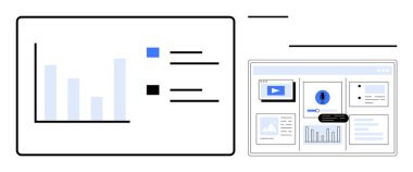 Çokluortam ögeleri ve grafikleri olan bir panelin yanında bar çizelgesi. Veri analizi, sunumlar, eğitim, üretkenlik, dijital araçlar, iş planlaması, dijital iş akışı için ideal. Basit düz