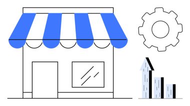 Çizgili tenteli küçük bir dükkan, yukarı doğru oklu büyüme grafiği ve gelişimi, yeniliği ve başarıyı simgeleyen vites. İş, girişimcilik, perakende, strateji verimliliği artışı için ideal