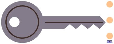 Yuvarlak başlı, sivri uçlu gri anahtar üç turuncu noktayı işaret ediyor. Güvenlik, erişim, veri koruması, şifreleme, fırsatlar, çözümler, mahremiyet için ideal. Basit düz metafor