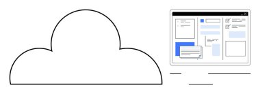 Bulut şekli, dijital gösterge panelini gösteren bir tabletle eşleştirilmiş. Bulut hesaplama, çevrimiçi işbirliği, veri depolama, dijital çözümler, uzaktan çalışma, takım çalışması, basit düz metafor
