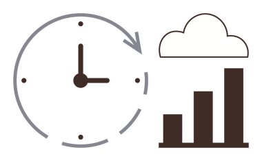 Ok, bulut grafikli ve yükselen çubuklu saat simgesi. Üretkenlik, bulut hesaplama, ilerleme, veri analizi, zaman yönetimi verimliliği ve performans takibi için idealdir. Basit düz