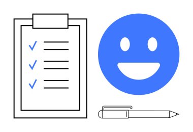 Kontrol işaretli pano kontrol listesi, mavi gülen yüz, ve organizasyon ve başarı vurgulayan kalem. Üretkenlik, planlama, geri bildirim, anketler, iş hedefleri, basit iniş sayfası için ideal