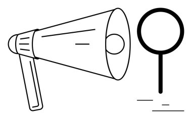 Büyütecin yanında megafon, iletişimi, terfiyi, analizi, aramayı, geri bildirimi, reklamcılığı ve keşfi sembolize eder. Marka pazarlama kavramları ve basit iniş sayfaları için ideal