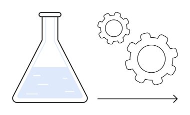 Laboratuvar şişesi, bilimsel gelişimi simgeleyen iki vites ve bir okun yanında kısmen sıvıyla dolu. Yenilik, teknoloji, bilim, ilerleme, araştırma ve ilerleme için ideal