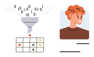 İkili veri huniye akıyor ve insan portresinin yanındaki tablo gösterimine gidiyor. Veri analizi için ideal, makine öğrenme, yapay zeka, profil çıkarma, kategorize etme, veri işleme, karar verme mekanizması
