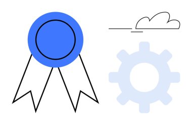 Mavi ödüllü kurdele, iki kuyruklu, açık mavi dişli, soyut çizgili bulut. Yenilik, başarı, başarı, takım çalışması, tanıma teknolojisi için ideal. Basit düz metafor