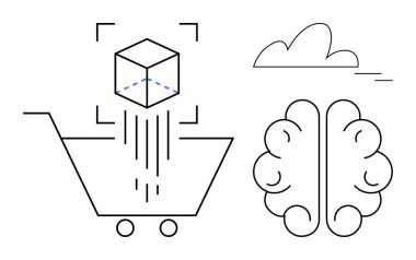 Alışveriş arabası yanında bulut ve beyin olan bir küp yakalıyor. Teknoloji, yapay zeka, bulut hesaplama, yenilik, perakende satış, e-ticaret ve yaratıcılık kavramları için idealdir. En az düz metafor