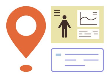 Navigasyon, istatistik ve kimliği temsil eden kullanıcı profili simgesi, grafik ve veri formuyla konum broşu. Haritalar, analitikler, izleme ve demografik veri giriş iletişimi için ideal