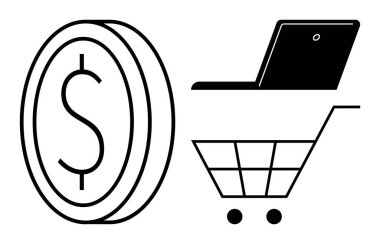 Dolar parası, dizüstü bilgisayar ve e-ticaret, dijital pazarlama ve online alışveriş yapan alışveriş arabası. İş, finans, teknoloji, e-ticaret pazarlama perakende ve ekonomi için idealdir. Basit düz