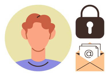 Güvenli asma kilit ve sembollü e-posta zarfının yanında isimsiz bir profil. Veri koruması, siber güvenlik, dijital kimlik, e-posta güvenliği, kullanıcı gizliliği, iletişim güvenliği, hassas bilgi