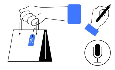 İndirim etiketli el çantası, kalem yazma hareketi, mikrofon sembolü. E-ticaret, perakende, iletişim, indirimli tanıtım, satış, yaratıcı içerik basit iniş sayfası için ideal