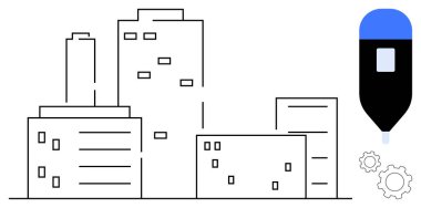 Doğrusal gökdelenleri olan şehir silueti, teknoloji ürünü kalem ve vites sembollerinin yanı sıra. Mimarlık, teknoloji, yenilik, tasarım, şehir planlaması, mühendislik, basit iniş sayfası için ideal